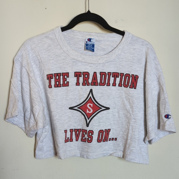 Vintage Champion single stitch cropped t-shirt "The Tradition Lives On" size L - Picture 1 of 5
